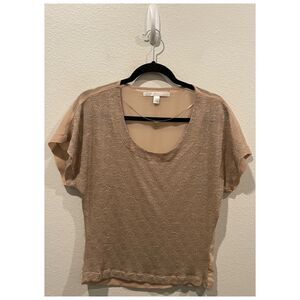 LC LAUREN CONRAD Round Neck Short Sleeve Tan Sheer Blouse